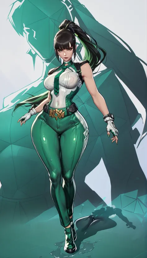 r1vals, semi realistic, cartoon, (fighting strance:1.5), eve (stellar_blade), (dynamic pose:1.5), action pose, highres, full body shot,,front view,, defEve, black hair, long ponytail, necktie, green and white bodysuit, sleeveless, fingerless gloves, (((gre...
