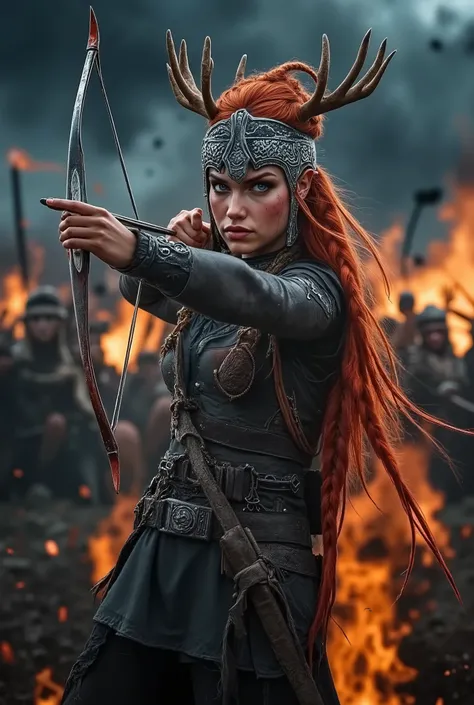 ArcaneFGTNR, Sci-fi mech, neon brushstrokes, vibrant electric tones, glowing patterns, futuristic textures, The Huntress, red hair flowing and antler headdress adorned, aiming her bow in a chaotic battlefield. She wears native American attire and her expre...