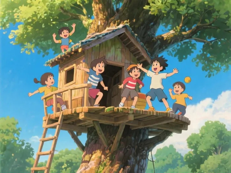 ren's play. 3D animation. Playing in a treehouse. ren gather to play in a treehouse built on top of a big tree. It expresses a fun atmosphere. Drawn in the style of a Ghibli film.
