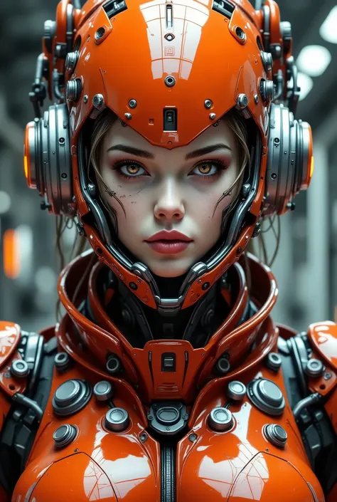 a high-tech knight-style armored woman in brilliant red-orange and titanium silver two-tone armor, full-face helmet retracted to show calm expression, armor heavily plated but optimized for mobility with anti-grav boosters, positioned in an orbital platfo...