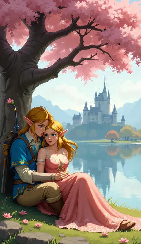 Link and Zelda in a romantic embrace sitting under a pink flowering tree next to a lake with hyrule castle in the background, Zelda is in Link’s lap, Zelda is wearing a dress with cleavage. 