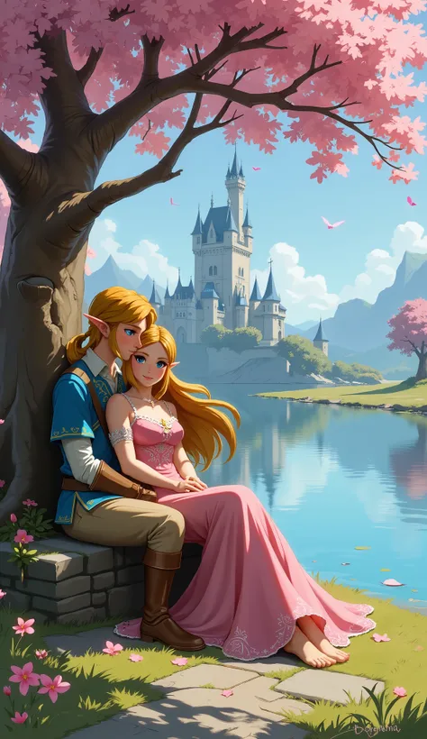 Link and Zelda in a romantic embrace sitting under a pink flowering tree next to a lake with hyrule castle in the background, Zelda is in Link’s lap, Zelda is wearing a dress with cleavage. 