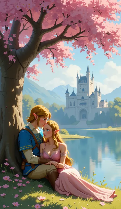Link and Zelda in a romantic embrace sitting under a pink flowering tree next to a lake with hyrule castle in the background, Zelda is in Link’s lap, Zelda is wearing a dress with cleavage. 