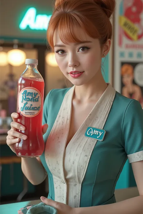 Retro Archie comics 1950s magazine ad for 'Barefoot Comix' "Amy Pond Juice", focus on retro cola-style bottle containing strawberry soda labeled "Amy Pond Juice", " Amy Pond Juice " in cursive white script on blue label.,, High-angle cinematic shot looking...