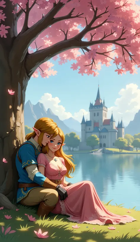 Link and Zelda in a romantic embrace sitting under a pink flowering tree next to a lake with hyrule castle in the background, Zelda is in Link’s lap, Zelda is wearing a dress with cleavage. 