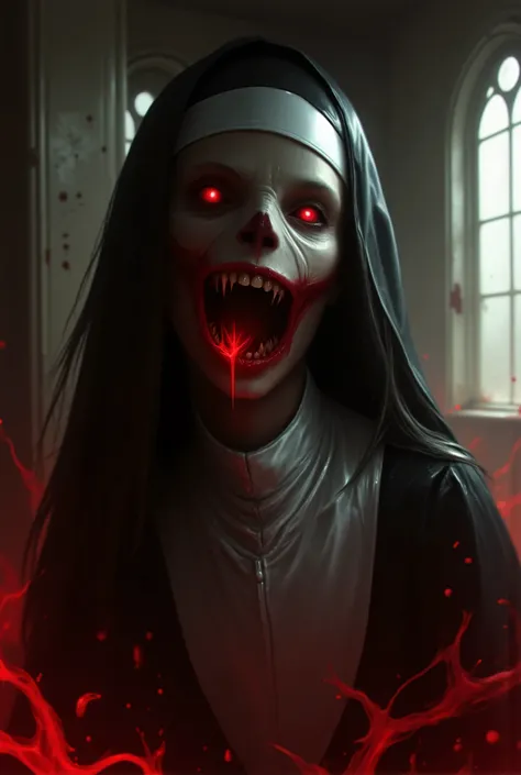 Evil Nun, sharp teeth, glowing red Demonic eyes, blood, dilapidated, lot's of blood, gloomy, surreal horror, abandoned Gothic church background, sexy, seductive, high detail, masterpiece.