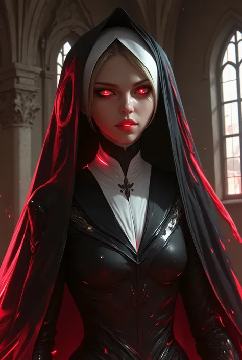 Evil Nun, sharp teeth, glowing red Demonic eyes, blood, dilapidated, lot's of blood, gloomy, surreal horror, abandoned Gothic church background, sexy, seductive, high detail, masterpiece.