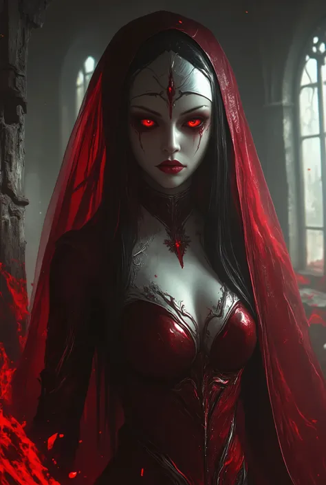 Evil Nun, sharp teeth, glowing red Demonic eyes, blood, dilapidated, lot's of blood, gloomy, surreal horror, abandoned Gothic church background, sexy, seductive, high detail, masterpiece.