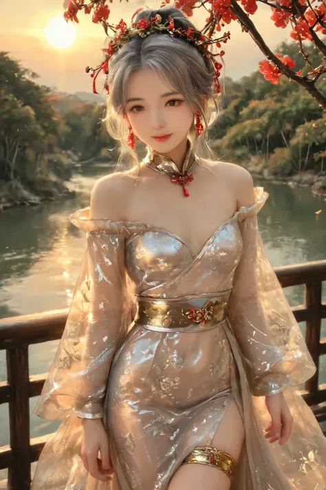 score_9, score_8_up, score_7_up, score_6_up, 1girl,danhuajuan,(Chinese girl,silver hair,beautiful eyes),long dress,long sleeves,clear plastic dress with floral pattern, lots of frills, Luxurious, off-shoulder clear plastic dress with gold patterns: 1.6, ro...
