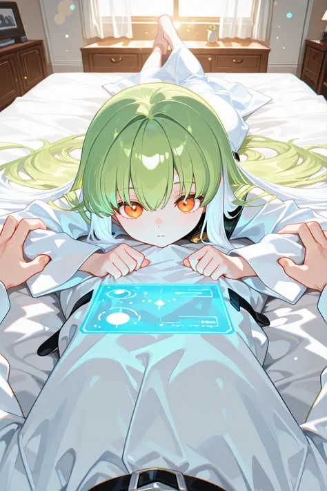 CC, expressionless, (looking at something else:1.1), (lying on own chest:1.2), on the floor, solo focus, from above,
(masterpiece, best quality, super detailed), (beautiful detailed face, beautiful and detailed eyes), long sleeves, hands on sleeves, orange...