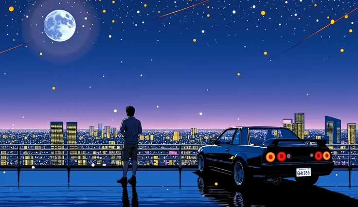 80's、night、starry sky、NISSAN、A man stretches his back and looks up at the moon next to the R32 Skyline GTR、DOWNTOWN、neon