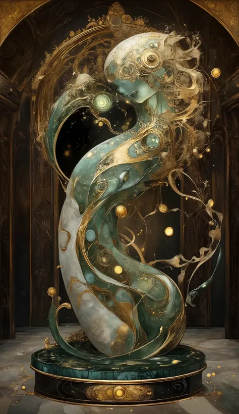 An ornate, bio-organic statue reminiscent of Art Nouveau style sits atop a circular platform in the heart of a sumptuous, dark wood-paneled room. The statue, predominantly green and silver, features intricate, flowing lines and curves. Ethereal, luminous w...