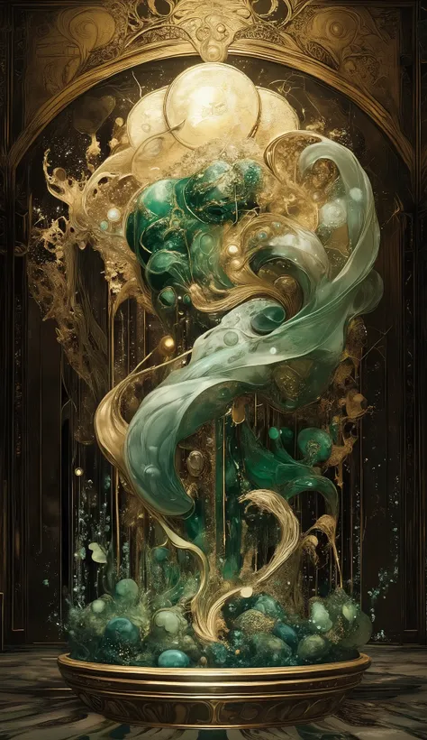 An ornate, bio-organic statue reminiscent of Art Nouveau style sits atop a circular platform in the heart of a sumptuous, dark wood-paneled room. The statue, predominantly green and silver, features intricate, flowing lines and curves. Ethereal, luminous w...