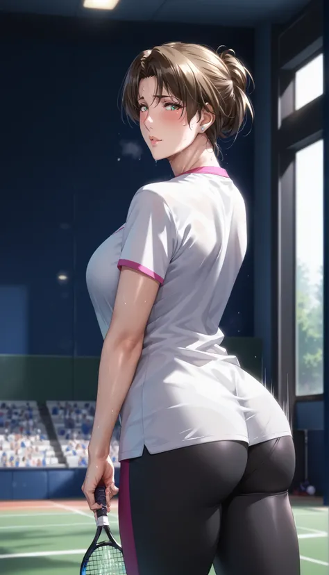 work of art, (high qualiy:1.1),  details Intricate,  cinematic lighting, motion lines, 
Ikumi Sunohara,  1 girl,  mature woman, milf,  (standing alone:1.3),  going, sprinting, from behind,  in this, tight clothing,  fists,
(looking ahead at viewer:1.1),  b...