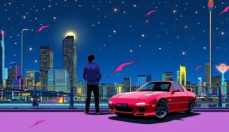 night、starry sky、MAZDA、A man stretches his back and looks up at the moon next to the red RX7、DOWNTOWN、neon