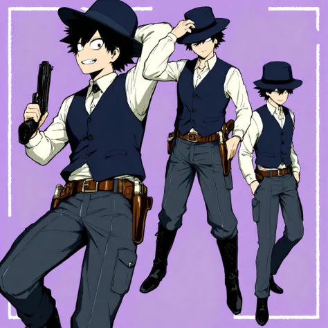 Bakugo logo with disheveled black hair, with long sleeve shirt, dark vest, buttoned at the front, dark gray pants, straight cut, typical of the 19th century, Belt with a cartridge case that carries several ammunition and a holstered gun, black leather high...