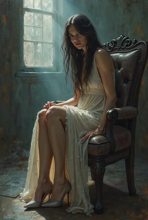 detailed oil painting, Dark fantasy style. female character, inspired by Bloodrayne 2, without her signature blades, dressed in a loose dress made of photonic fabric and elegant lace shoes made of photonic skin. has dark long hair. She sits gracefully on a...