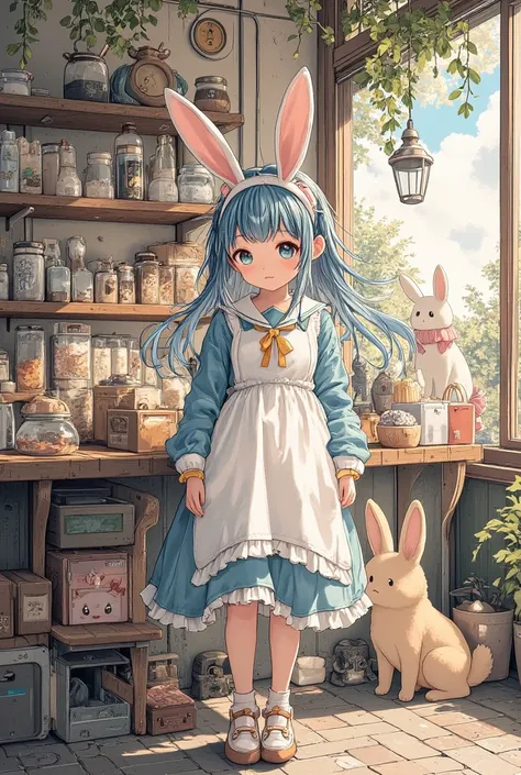 Several pretty maids have rabbit headbands, cat headband, Various animal headbands, such as bear headbands, are cute, and, Animal guests(Master)들을 맞이하고 있다. 테이블에 이미 앉아 있는 Animal guests도 있고, maids perform on the small stage. 많은 Animal guests들이 메이드 카페에 와서 장사가 잘 되는 메이드 카페가 되었다. , you can also see an animal customer and a maid taking pictures together. The table is filled with food and drinks made by the maids. On one side of the cafe. The dynamic screen also greets. camera angles looking down from top to bottom. The warm lighting of the maid cafe. with enlarged .