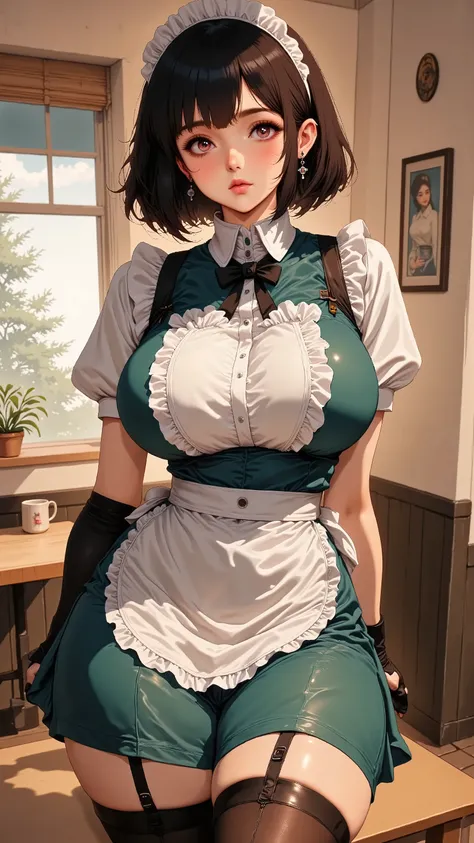 A girl with a short helmet-type haircut with bangs and the color black, white skin, wearing a maid clothes,skirt,holding a tea pot handle,in the cafe,1980’s anime style