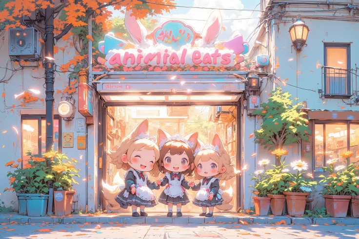 three super cute chibi-style anime maids with animal ears (cat, bunny, fox),  
standing together in a welcoming pose in front of a pastel-colored café sign that reads “Welcome to Animal Ears Café!”,  
they have big sparkling eyes and joyful smiles, and are...