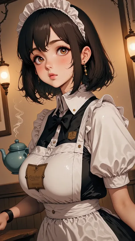 A girl with a short helmet-type haircut with bangs and the color black, white skin, wearing a maid clothes,holding a tea pot,in the cafe,1980’s anime style