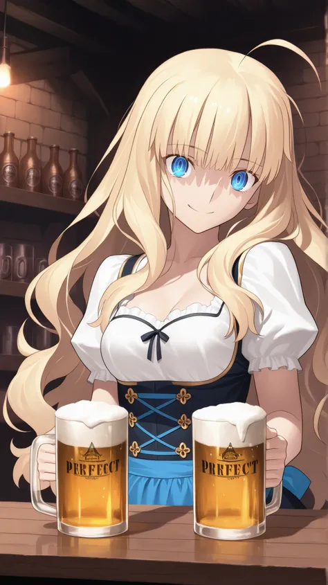 absurdres, (((Ultra HD))), (((Ultra High Quality))), ((hyper detailed)), ((Ultra High Resolution)), (Highly rendered), ((detailed eyes)), (((8K))), ((perfect face)), ((masterpiece)), cinematic, solo, 1girl, thin, tall, smile, blonde hair, blue eyes, wavy b...