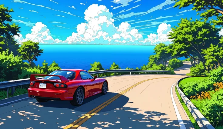 morning、Mountain trail、I can see the ocean、MAZDA、Red Infini RX7、 there is a sense of speed