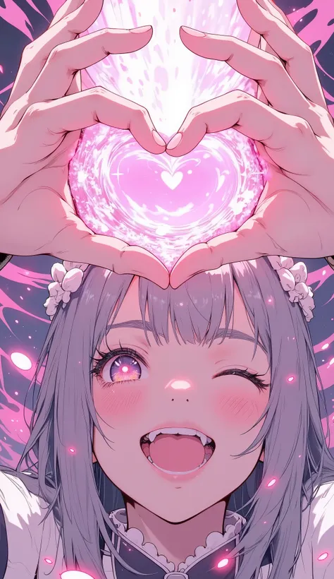 (masterpiece, best quality, ultra detailed, 8k resolution),
(anime style, pastel color palette, very soft and cute),
((dramatic low angle shot from omurice viewpoint)),
((extreme close-up of both hands forming heart shape above viewer)),
(1girl, adorab...