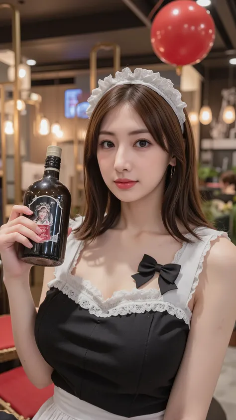 (masterpiece), (best quality), (), (realistic:1.3), (modern gothic cafe interior:1.4), (beautiful Japanese woman:1.5), An ultra-busty Keiko Kitagawa working at a maid café, wearing a gothic-style maid outfit with a loose-fitting chest area, emphasizing her...