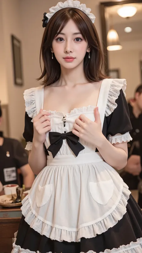 (masterpiece), (best quality), (), (realistic:1.3), (modern gothic cafe interior:1.4), (beautiful Japanese woman:1.5), An ultra-busty Keiko Kitagawa working at a maid café, wearing a gothic-style maid outfit with a loose-fitting chest area, emphasizing her...