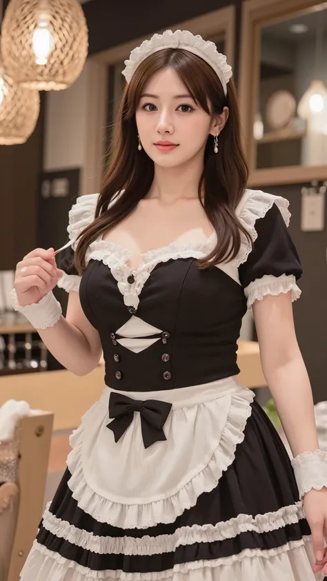 (masterpiece), (best quality), (), (realistic:1.3), (modern gothic cafe interior:1.4), (beautiful Japanese woman:1.5), An ultra-busty Keiko Kitagawa working at a maid café, wearing a gothic-style maid outfit with a loose-fitting chest area, emphasizing her...