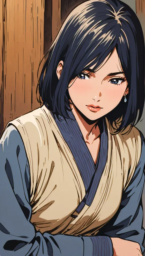vintage movie, girl, short hair, ((navy hair)), straight hair, woman body, cute earrings, ((dressed like hyuuga neji from naruto)), dutch angle
, hyuga clan, shinobi village, konohagakure, (((perfect lips))), perfect hair, looking down, shy, melancholic, (...