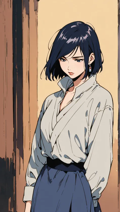 vintage movie, girl, short hair, ((navy hair)), straight hair, woman body, cute earrings, ((dressed like hyuuga neji from naruto)), dutch angle
, hyuga clan,(((perfect lips))), perfect hair, looking down, shy, melancholic, ((young)), ((19 years old)), shon...