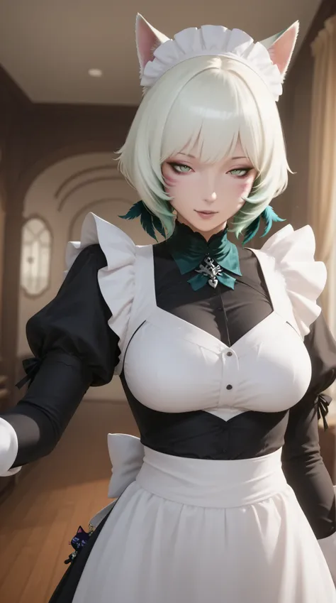 Anime-style illustration, 2.5D cel-shaded rendering, , soft lens bokeh, luxurious interior of a maid café, ((Luxuriously decorated maid café with gothic-style interior)), dramatic low-angle POV from the floor, (((anime-style woman exuding dangerously seduc...