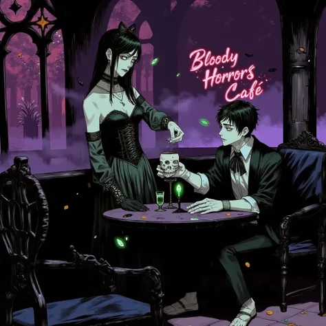 A gothic-themed maid café named "Bloody Horrors Café", set in a dark, enchanted interior with tones of deep violet and eerie green. The space feels like a gothic castle: arched windows with stained glass, tall stone columns, and flickering wrought-iron chandeliers that cast dramatic shadows.
At the center of the scene, a charming vampiric maid is attentively serving a customer seated at a dark round table. The maid wears an elaborate gothic outfit — black corset dress, lace apron, thigh-high stockings, dramatic accessories, and faintly glowing red eyes. Her expression is elegant and mysterious. She offers a skull-shaped teacup filled with glowing green liquid to the guest, who looks both curious and slightly nervous.
The customer is a lone figure, seated and surrounded by enchanted mist rising from their table. Around them are floating black rose petals, magical green sparkles, and the soft glow of candlelight.
The neon red sign "Bloody Horrors Café" glows near the stained glass windows, enhancing the surreal, otherworldly atmosphere. The mood is gothic yet whimsical — like a scene from a dark fairytale, with elements of elegance, horror, and fantasy combined.

