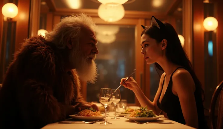 A surreal scene set in a dim restaurant with warm lighting. Two characters sitting face to face:  An older man, with a thick and long beard, long messy hair, dressed in a dark brown fur suit that resembles a man-beast or werewolf. In front of him, a thin-f...