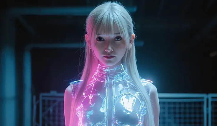 A fascinating sci-fi depiction of a female android with the appearance of a beautiful Swedish woman, Captured from the waist up in a cowboy shot angle. She is long, Platinum Blonde Hair, Brilliant Blue Eyes, High cheekbones, Has a pale complexion, Her mech...
