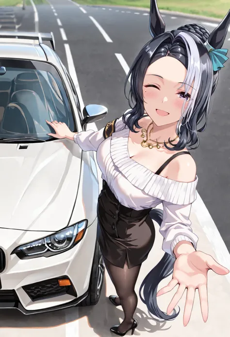 (masterpiece, best quality, perfect face:1.4), wide angle, full body, mejiro ramonu \(umamusume\), black hair, white hair, multicolored hair, ((long hair)), wavy hair, purple eyes, mole under eye, ear ornament, horse ears, horse tail, tail on the lower bac...