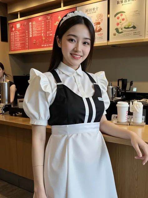 3 women, A cute Japanese woman wearing a maid outfit working as a waitress at a coffee shop, Smile, 2 female guests seated, character, cute, Elegant, grace, soft expression, natural Smile, Careful Work, sexy maid outfit, Traditional Japanese Coffee Shop In...