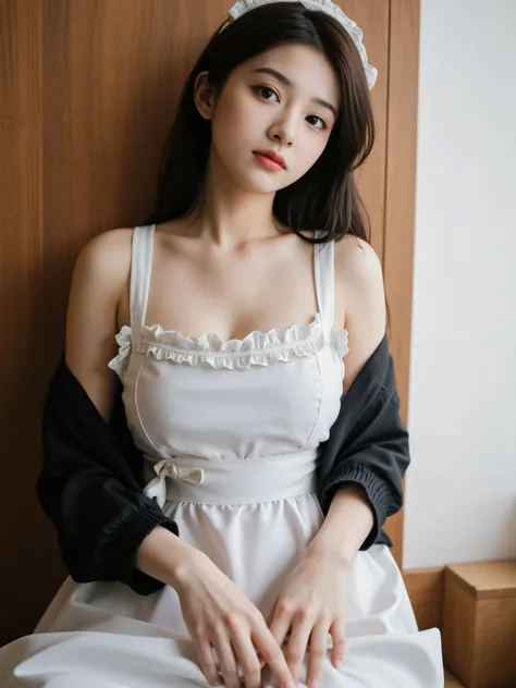 喫茶店で客にコーヒーを提供しているMaid Outfitを着た日本のキュートな女性, Smile Yan, Female customer seated, character, cute, Elegant, grace, soft expression, ナチュラルなSmile Yan, Careful Work, Maid Outfit, White Apron, Traditional Japanese Coffee Shop Interior, Woodgrain Counter, Warm Ligh...
