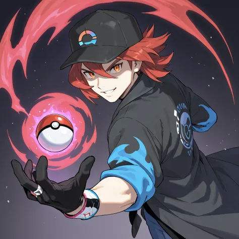 Fifteen years boy, a boy, confident expression. Raised hair, short medium hair, baseball cap with a symbol of pokeball, red hair, beautiful face, orange eyes, black jersey, loose red short-sleeved overcoat, pair of medium black gloves for mega-stone, pair ...