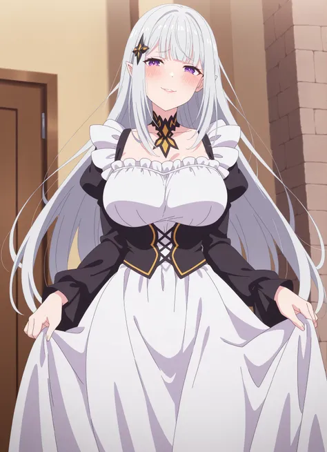 (Score_9, score_7:0.6), (masterpiece, best quality, good quality, newest:0.6) score_7_up, anime screencap, Solo, long dress, Satella, Anime, 1girl, Mature Female, pointy ears, hair ornament, blush, silver hair, long hair, smirk, lips, purple eyes, Sexy, ou...