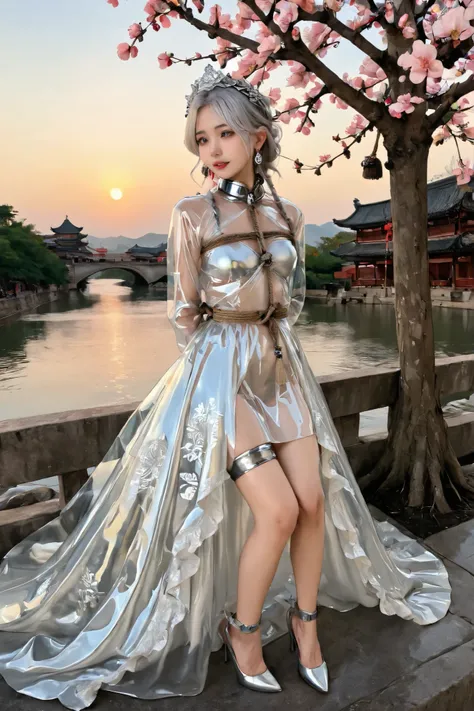 score_9, score_8_up, score_7_up, score_6_up, 1girl,danhuajuan,hogtied,shibari,Clear plastic Dress,Clear plastic skirt,(Chinese girl,silver hair,beautiful eyes),(long dress,long sleeves,clear plastic dress with floral pattern, lots of frills, Luxurious, off...