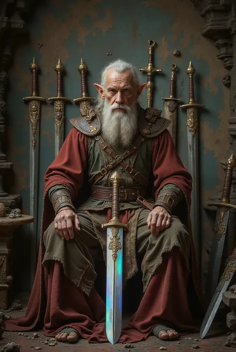 very old man with several swords behind him, this old man no longer has hair but has a small thin beard and many wrinkles, he is an elf holding a sword that shines a prismatic color and appears to be a great swordmaster, he is centered in the center and on...