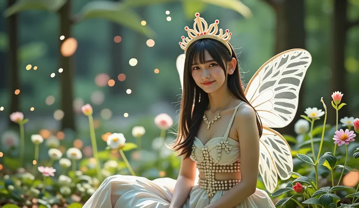 European women,Kneeling, diamonds all over, beautiful butterfly wings, white skin, small, Long Hair, diamond pearl on head, wearing pearl bra, Wear jewelry , beautiful eyes, pearl seat, sparkle , Flower, in the forest wearing shaman's headdress, fan...