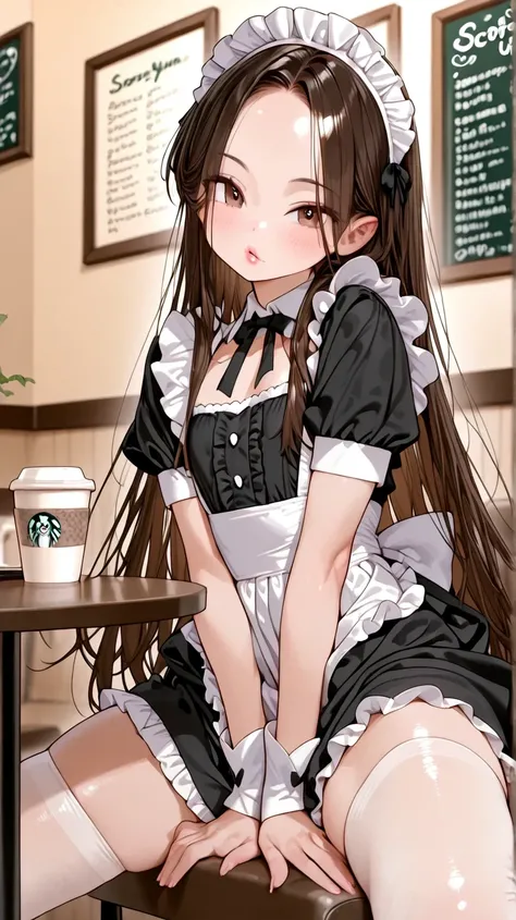 masterpiece、Highest Quality、Hi-Res、anatomically accurate、
score_core_8_up 、 score_7_up 、 score_6_up 、 score_5_up 、 score_4_up 、solo focus(femboy):1.5

Feminine boy(femboy only( tomgirl、otoko no ko)、cute、 straight long hair hairstyle、DarkBrown hair 、forehead visible、brown eyes、Glossy lips、shocking pink lips、thick legs、flat chest:1.mile Yan、kiss face、Maid Outfit、White Stockings、

 in the coffee shop、 has a menu table