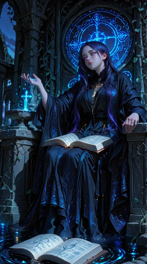 A solitary young woman stands before a stone altar in a forgotten ruin, vines and roots crawling over broken pillars around her. Her posture is calm, poised like a conductor just before the music begins. She wears layered robes of black and deep indigo, em...