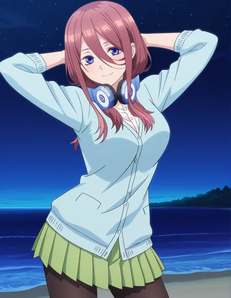 miku nakano, long hair, bangs, blue eyes, brown hair, hair between eyes, headphones, headphones around neck, mature female, breasts, anime screencap, skirt, shirt, long sleeves, white shirt, pantyhose, pleated skirt, black pantyhose, cardigan, green skirt,...