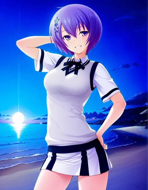 shiina miyako, purple hair, short hair, purple eyes, hair ornament, medium breast, short sleeves, white sweater vest, white shirt, white skirt, neck ribbon, black ribbon, game screencap, high quality, solo, night sky, beach, hand behind head, hand on hip, ...
