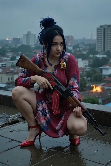 A hyper-realistic female ninja crouches on a Jakarta rooftop during a stormy night, soaked by heavy rain. She wears a clinging, soaked floral Indonesian house dress — a daster — and striking red high heels. One hand is planted on wet tiles for balance, whi...